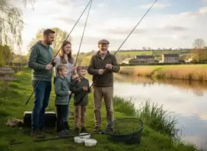 Mum, dad and 2 children on a riverbank, having a family group fishing lesson