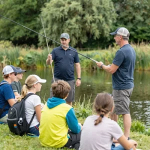 Image of two angling coaches, giving instruction to a small group of young children by a pond